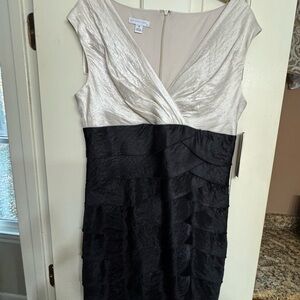 London Times Black and Cream Shutter Cocktail Dress